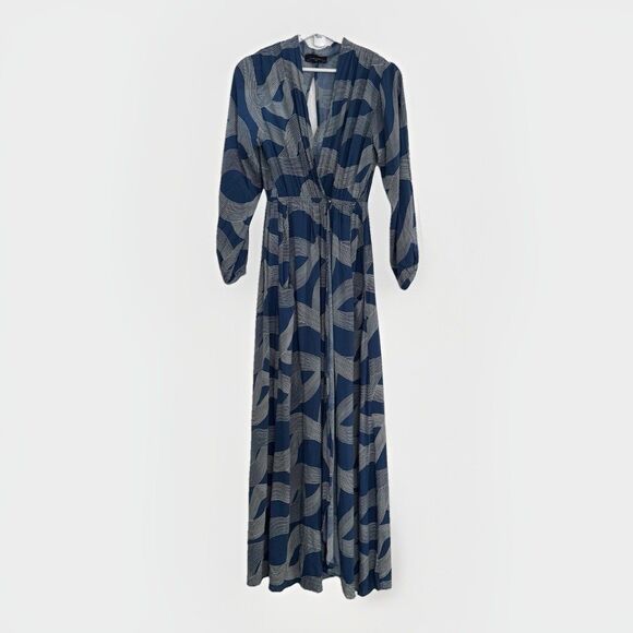 Dress Forum Los Angeles Dress Boho Hippie Wrap Blue And White V-neck Maxi Sz S - Picture 1 of 14